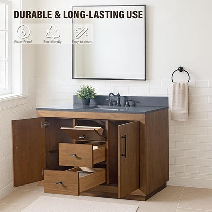 HOMEBEYOND 48" Bathroom Vanity with Single Sink & Ceramic Top, MDF Material Vanity Cabinet with Basin Combo, Soft-Closing Doors, Removable Shelf, Backsplash, Tan