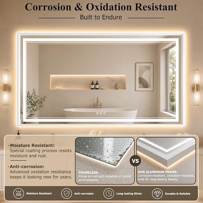 36"x60" LED Bathroom Mirror with Lights, Backlit + Front Lit, Anti-Fog | Lighted Bathroom Mirror with One-Piece Aluminum Alloy Frame, HD Shatterproof Tempered Glass, Dimmable, Memory Function
