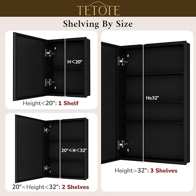 TETOTE 14 x 24 Medicine Cabinet with Tempered Beveled Mirror Black Aluminum Cabinet DTC Hinges, Stepless Adjustable Shelves, Recessed/Surface-Mounted