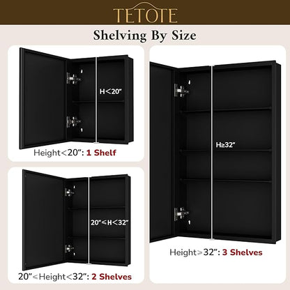 TETOTE 60 x 32 Medicine Cabinet with Tempered Beveled Mirror Black Aluminum Cabinet DTC Hinges, Stepless Adjustable Shelves, Recessed/Surface-Mounted