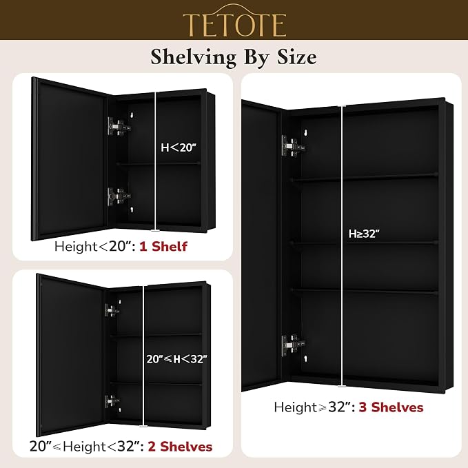 TETOTE 48 x 26 Bathroom Mirror with Storage with Tempered Beveled MirrorBlackMedicine Cabinet Aluminum Cabinet DTC Hinges, Stepless Adjustable Shelves, Recessed/Surface-Mounted