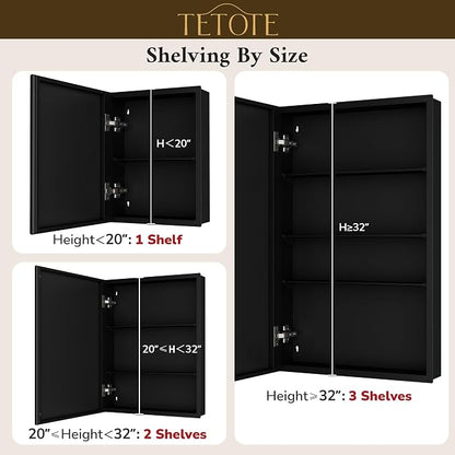 TETOTE 48 x 26 Bathroom Mirror with Storage with Tempered Beveled MirrorBlackMedicine Cabinet Aluminum Cabinet DTC Hinges, Stepless Adjustable Shelves, Recessed/Surface-Mounted