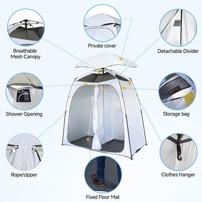 EighteenTek® Upgraded Shower Tents with Hub, Pop Up Privacy Tent Camping 2-Room Privacy Shelter with Floor & Dual Doors, Portable Easy-Setup Toilet & Changing Tent, 83" x 47" x 77.6"H