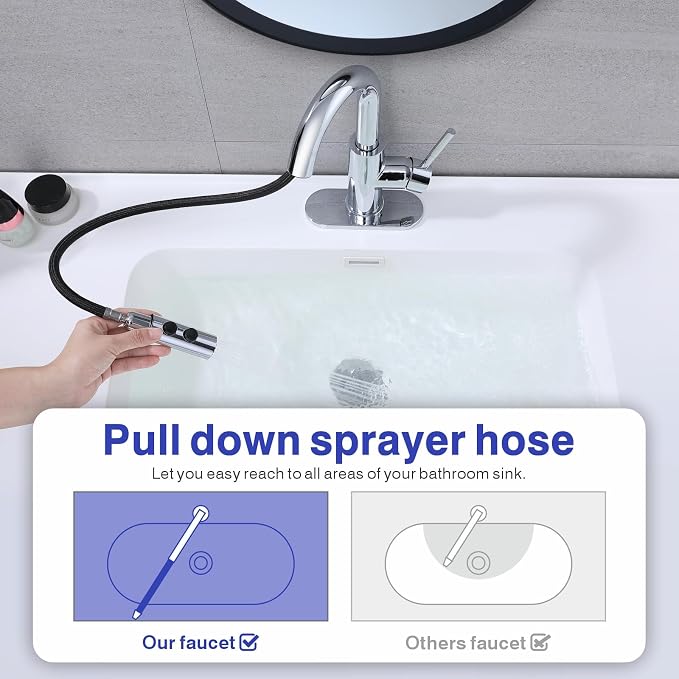 Bathroom Faucet with Sprayer, Chrome Single Hole with Pop-Up Drain | Kablle Single Handle Pull Out 1 or 3 Hole Laundry Bar Basin Faucet with Deck Plate, KBL-7002C-CL