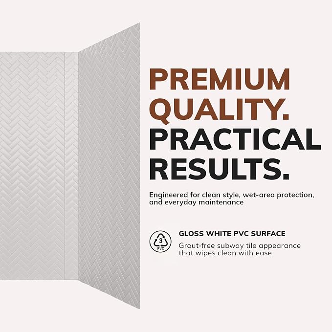 From Plain To Beautiful In Hours 133-HERR-KIT Herringbone Tile Tub and Shower Wall Panels Surround, Gloss White, 96 Square Feet