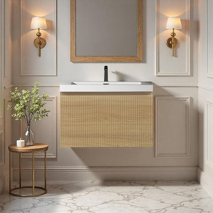 24'' Floating Bathroom Vanity with Sink, Wall-Mounted Bathroom Storage Cabinet with Soft-Close Striped Drawer & Solid Surface Basin, Modern Natural Oak Body with Internal Handle, Wood