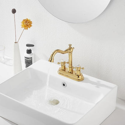 Bathroom Faucet Polished Gold 2 Handles 4 Inches Centerset Bathroom Vanity with Drain Assembly and Supply Hose Lavatory Faucet