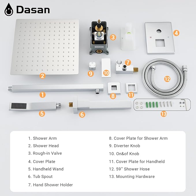 DASAN Tub Shower Faucets Sets Complete Chrome Bathtub Shower System with Tub Spout, Bathtub Faucet Set Tub and Shower Faucet Combo Trim Kit with Rough-in Valve, DA-SS03PC-S10W