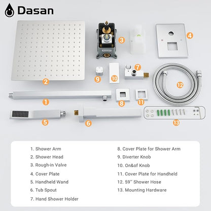 DASAN Tub Shower Faucets Sets Complete Chrome Bathtub Shower System with Tub Spout, Bathtub Faucet Set Tub and Shower Faucet Combo Trim Kit with Rough-in Valve, DA-SS03PC-S10W