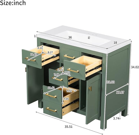 36 Inch Green Bathroon Vanity with Sink,Modern Bathroom Sink Cabinet 36" with 4 Drawers & 2 Cabinets,Integrated Countertop,Gold Handles,Soft Closing,Solid Wood Frame