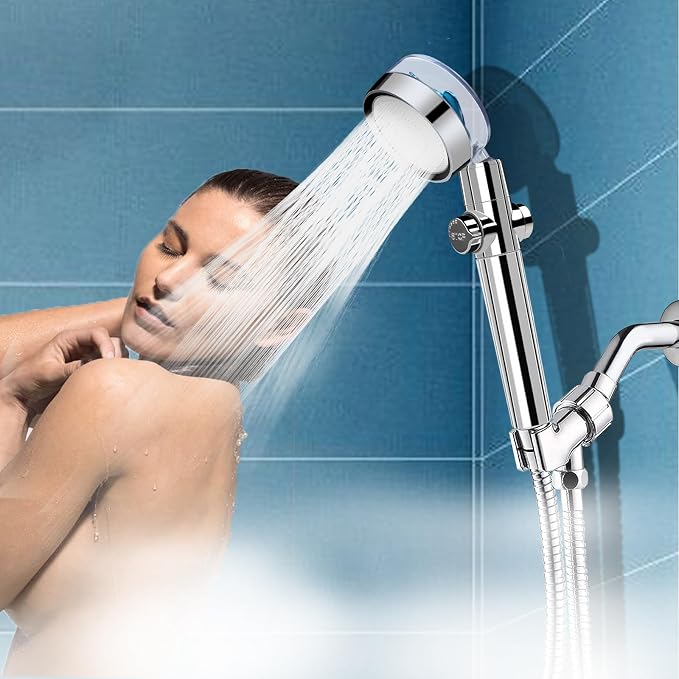 High Pressure Handheld Turbo Fan Shower Kit, 360° Rotatable Filtered Shower Head with Pause Switch, Extra Hose, Bracket, Cotton Filters & Bath Loofah