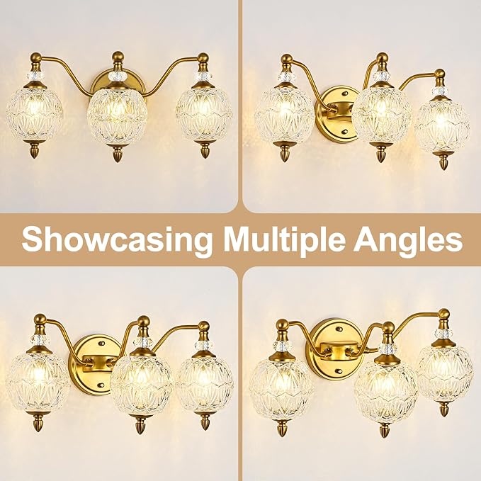 Vintage Bathroom Vanity Light, 3-Light Mid Century Matte Brass Finish Wall Sconce with Globe Glass Shades, Retro Mirror Light for Bathroom, Powder Room