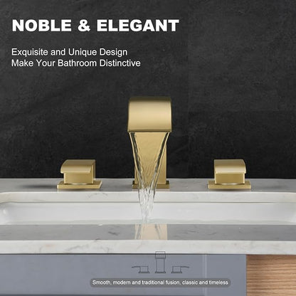 8 Inch Waterfall Bathroom Faucets 3 Hole - Brushed Gold Widespread Bathroom Faucet with Pop-up Drain, Two Handles Bathroom Sink Faucet, Modern Vanity Sink faucets with Supply Lines