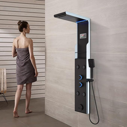 ELLO&ALLO LED Shower Panel Tower System with Shelf, Rainfall Shower Head and Rain Massage System with Body Jets, Stainless Steel Bathroom Fixtures, Matte Black&Slive