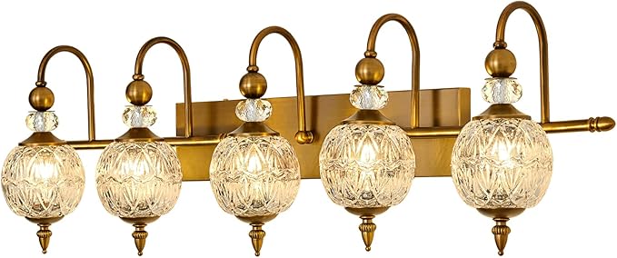 Vintage Bathroom Lights Fixtures Gold Vanity Light with Glass Globe LampShade 5 Light Brushed Brass G9 Bulb Wall Sconce Antique Indoor Vanity Light Over Mirror for Kitchen Bedroom Living Room