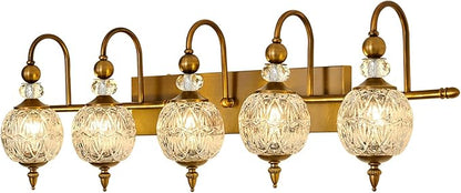 Vintage Bathroom Lights Fixtures Gold Vanity Light with Glass Globe LampShade 5 Light Brushed Brass G9 Bulb Wall Sconce Antique Indoor Vanity Light Over Mirror for Kitchen Bedroom Living Room