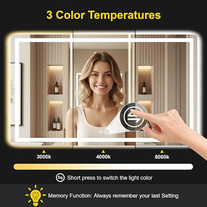 LED Bathroom Mirror with Lights, 30"x55" Lighted Vanity Mirror for Wall | Anti-Fog, Dimmable 3 Color Light, Backlit+Frontlit, Shatterproof Tempered Glass, Memory Function