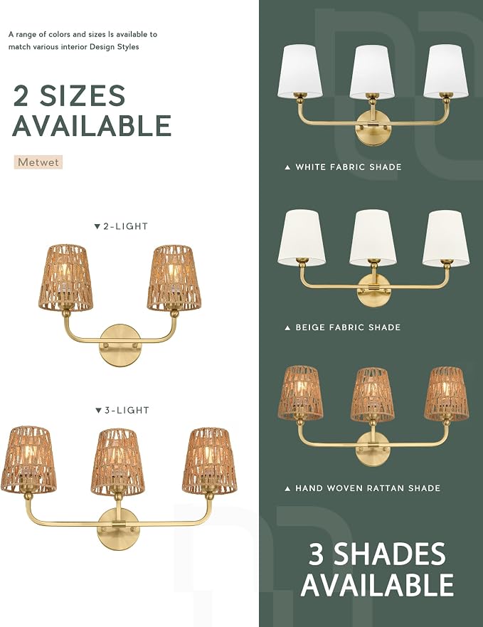 3-Light Brushed Gold Bathroom Vanity Light, Handwoven Rattan Shades | Ideal for 28-38" mirrors, 24.5" bathroom light fixtures over mirror, upward only, E26 base, bulbs not included, VL837-BG-RA-3