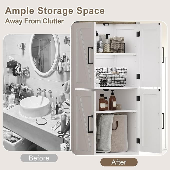 Treocho Farmhouse Bathroom Floor Cabinet with Adjustable Shelves | 13.78"D x 23.62"W x 43.46"H, Freestanding Kitchen Pantry Cabinet, Cupboard for Living Room, Dining Room, White