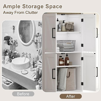 Treocho Farmhouse Bathroom Floor Cabinet with Adjustable Shelves | 11.81"D x 23.62"W x 43.46"H, Freestanding Kitchen Pantry Cabinet, Cupboard for Living Room, Dining Room, White