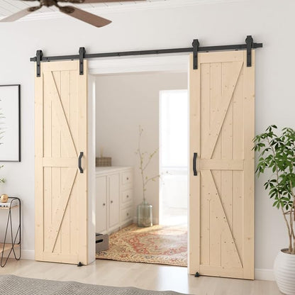 SmartStandard 24in x 84in Sliding Barn Wood Door Pre-Drilled Ready to Assemble, DIY Unfinished Solid Spruce Wood Panelled Slab, Interior Single Door Only, Natural, K-Frame (Fit 4FT Rail) | Pre-Drilled Ready to Assemble, DIY Unfinished Solid Spruce Wood...