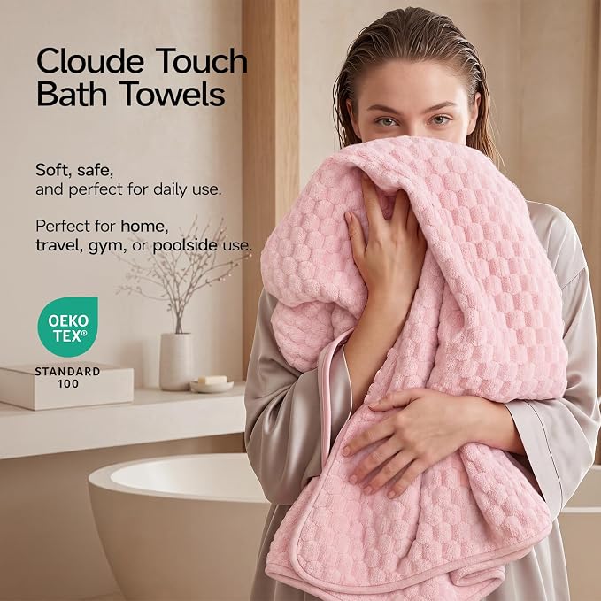 REDKISS Pink Microfiber Bath Towels Lagre, 30"x60" Super Absorbent Towels | 2 Pack Quick Dry, Super Soft, Lint Free, Fluffy Towel for Bathroom, Spa, Gym, Travel, Dorm, Ideal Everyday Use