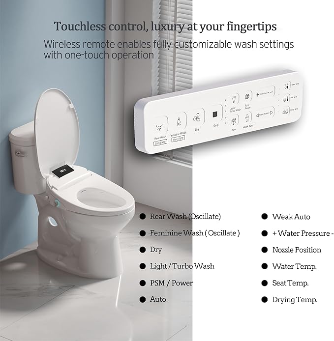 Electric Bidet Toilet Seat with Remote Control, Heated Bidet Seat, Warm Water Wash, Warm Air Drying, Rear & Front Wash, Self-Cleaning Nozzle, Night Light, LED Display Requires Outlet - Round