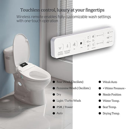 Electric Bidet Toilet Seat with Remote Control, Heated Bidet Seat, Warm Water Wash, Warm Air Drying, Rear & Front Wash, Self-Cleaning Nozzle, Night Light, LED Display Requires Outlet - Elongated