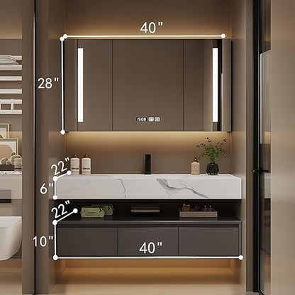 Bathroom Vanity with Sink - Single/Double Sink Bathroom Vanity Cabinet & LED Smart Defogger Mirror Cabinet Set, Modern Floating Vanity, Wall-Mounted Installation (Single Sink, 40")