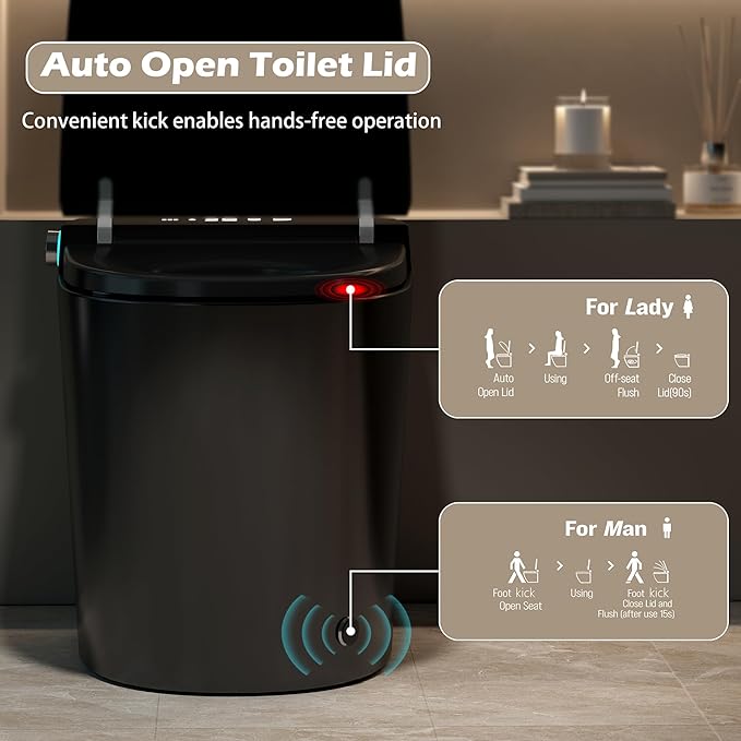 WinZo Smart Toilet with Bidet Built in, ADA One-Piece Toilet Auto Open/Close & Flush, Heated Seat, Front & Rear Wash, LED Display, Night Light, 12-inch Rough-in (Matte Black)