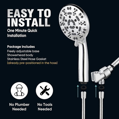 Cobbe 8-Setting Handheld Shower Head, Water-Saving Design, Chrome | Trickle Pause Mode, 5ft Stainless Steel Hose, Brass Swivel Bracket, Tool-Free Installation