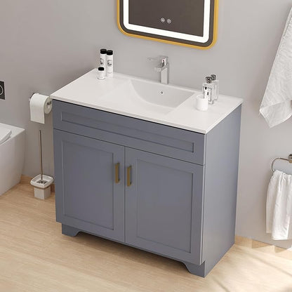 Bathroom 36" Vanity with Ceramic Sink, Wooden Double Door Bathroom Storage Cabinet, Freestanding Cabinet Vanity with Sink (Paint, Grey,36")