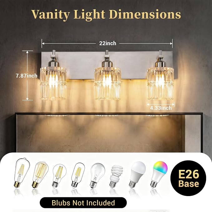 OCIOC Brushed Nickel Bathroom Light Fixtures, 3-Lights Bathroom Vanity Light with Glass Shades, Modern Vanity Lights for Mirror, Wall Lights for Living Room, Hallway, Kitchen, E26 Base