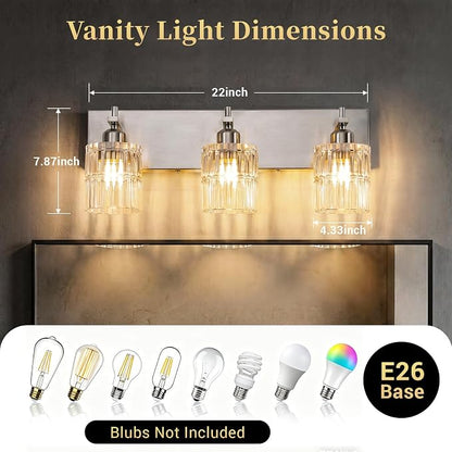 OCIOC Brushed Nickel Bathroom Light Fixtures, 3-Lights Bathroom Vanity Light with Glass Shades, Modern Vanity Lights for Mirror, Wall Lights for Living Room, Hallway, Kitchen, E26 Base