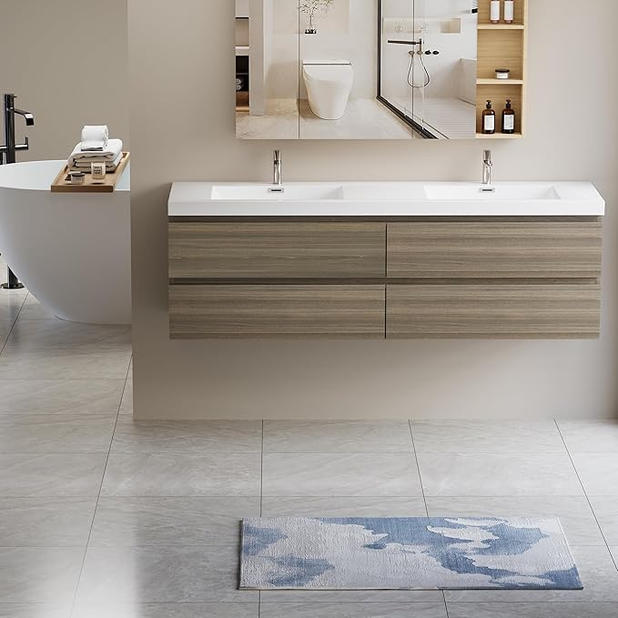 72 Inch Floating Bathroom Vanity with Double Sink, Modern Wall-Mounted Bathroom Vanity Storage Cabinet Organizer with Double Resin Top Basins and 4 Soft Close Drawers (Ash Grey)