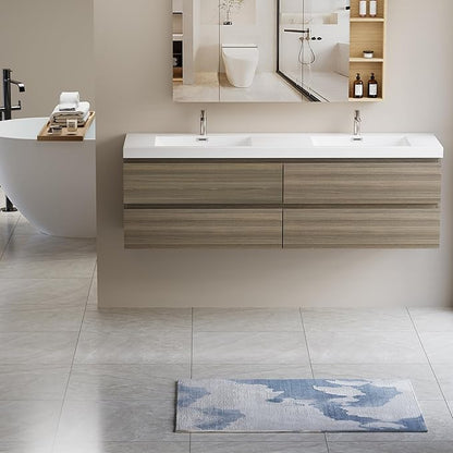 72 Inch Floating Bathroom Vanity with Double Sink, Modern Wall-Mounted Bathroom Vanity Storage Cabinet Organizer with Double Resin Top Basins and 4 Soft Close Drawers (Ash Grey)