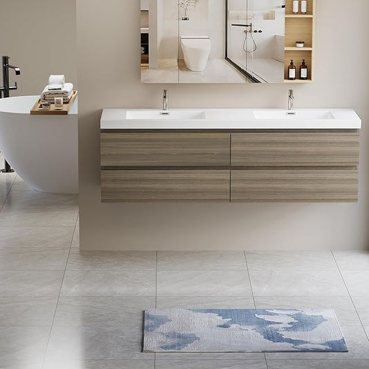 72 Inch Floating Bathroom Vanity with Double Sink, Modern Wall-Mounted Bathroom Vanity Storage Cabinet Organizer with Double Resin Top Basins and 4 Soft Close Drawers (Ash Grey)