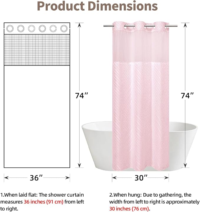 eachope stall no Hook Tufted Shower Curtain with snap in Liner Set, White Waterproof Fabric Inner Liner,Boho Style Shower Curtain with See Through top Window, Pink, 36Wx74H
