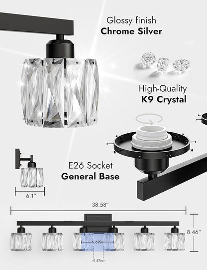 VOLISUN Crystal Vanity Lights for Bathroom, 6 Light Bathroom Vanity Light, Modern Matte Black Bathrooms Light Over Mirror, Black Bathrooms Lights Fixtures-UL Certificated(Exclude Bulb)