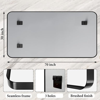 72 x 30 Inch Black Metal Framed Bathroom Mirror for Wall, Matte Framed Rounded Rectangular Modern Mirrors for Over Sink, Anti-Rust, HD Tempered Glass, Farmhouse, Hangs Horizontally or Vertically