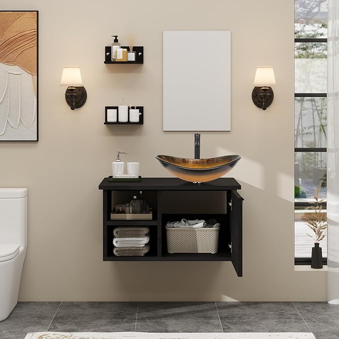 YOURLITE 28" Wall Mounted Bathroom Vanity Modern Lavatory Wood Cabinet with Mirror Oval Gold Boat Tempered Glass Sink Combo Vanities Set