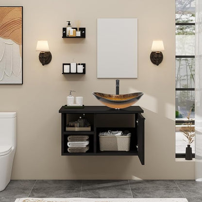 YOURLITE 28" Wall Mounted Bathroom Vanity Modern Lavatory Wood Cabinet with Mirror Oval Gold Boat Tempered Glass Sink Combo Vanities Set