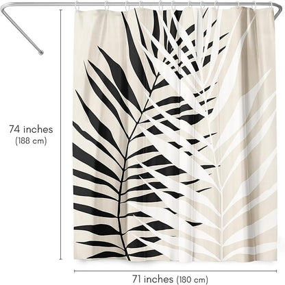 Americanflat 71x74 Botanical Shower Curtain - Water-Resistant Long Shower Curtain with Durable Metal Grommets and 12 Hooks - 100% Polyester - Black, White, and Beige