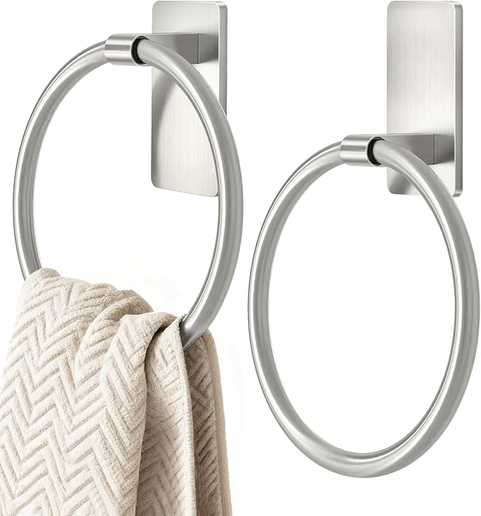 STWWO Brushed Nickel Towel Ring, Hand Towel Holder for Bathroom, 2 Pack | Self Adhesive Hand Towel Rings for Bath RV Kitchen, No Drill Hole, Silver