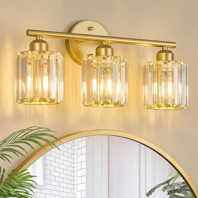 Modern 3 Light Crystal Vanity Light, Gold Vertical Bathroom Light Fixture Over Mirror for Dressing Table Sink, Compatible with Dimmable Bulbs (Bulbs Not Included)