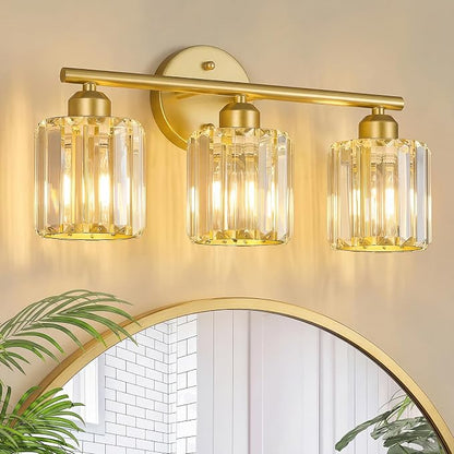 Modern 3 Light Crystal Vanity Light, Gold Vertical Bathroom Light Fixture Over Mirror for Dressing Table Sink, Compatible with Dimmable Bulbs (Bulbs Not Included)
