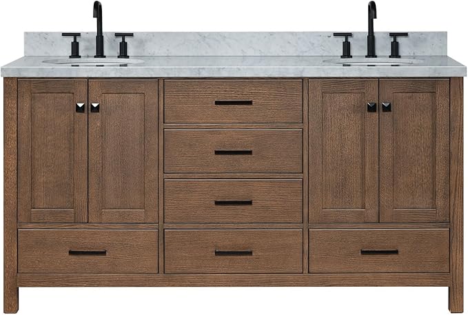 ARIEL Cambridge 66-inch Bathroom Vanity with Sink,Solid Wood, 1.5-inch Italian Carrara Marble Countertop, Double Oval Porcelain Sink, 4 Soft Closing Doors, 6 Dovetail Drawers, Brown Oak