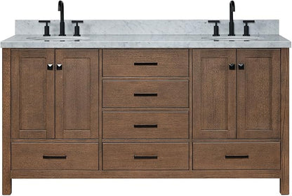 ARIEL Cambridge 66-inch Bathroom Vanity with Sink,Solid Wood, 1.5-inch Italian Carrara Marble Countertop, Double Oval Porcelain Sink, 4 Soft Closing Doors, 6 Dovetail Drawers, Brown Oak