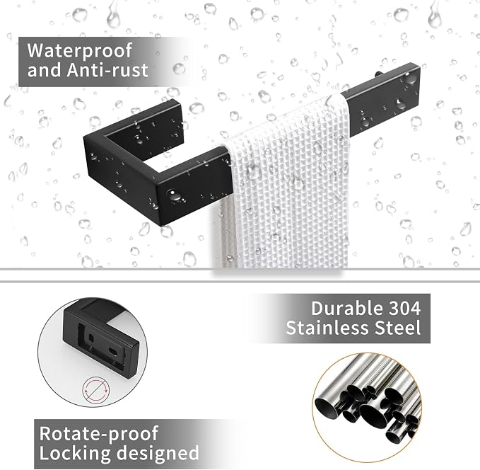 Fapully 8 Piece Bathroom Hardware Accessories Set Matte Black | Stainless Steel, Wall Mounted,24'' Towel Bar