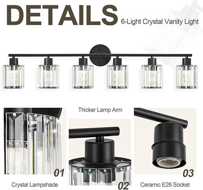 Crystal Bathroom Light Fixtures, Bathroom Lighting Fixtures Over Mirror, Modern Black Gold 5-Light Vanity Lights for Mirror,Restroom, Bedroom (Ceramic E26 Socket,Bulbs Not Include)